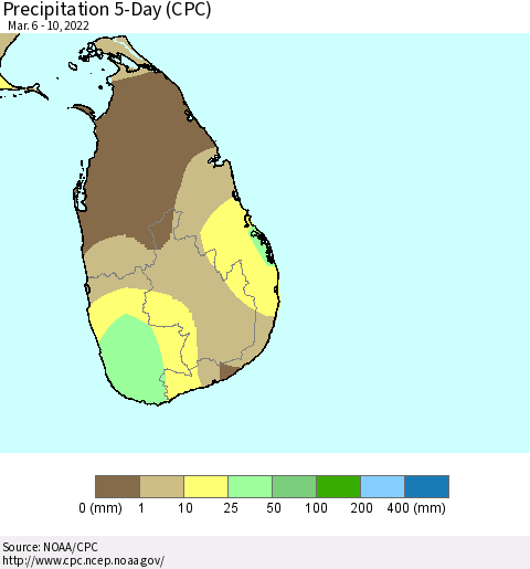 Sri Lanka Precipitation 5-Day (CPC) Thematic Map For 3/6/2022 - 3/10/2022