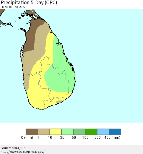 Sri Lanka Precipitation 5-Day (CPC) Thematic Map For 3/16/2022 - 3/20/2022