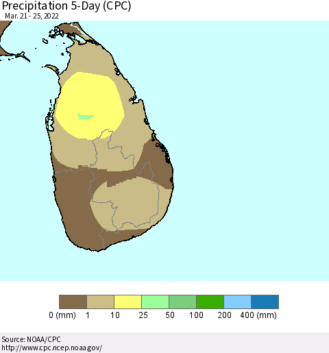 Sri Lanka Precipitation 5-Day (CPC) Thematic Map For 3/21/2022 - 3/25/2022