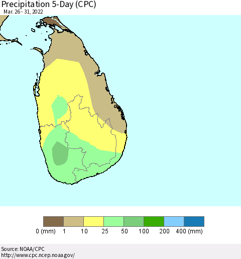 Sri Lanka Precipitation 5-Day (CPC) Thematic Map For 3/26/2022 - 3/31/2022