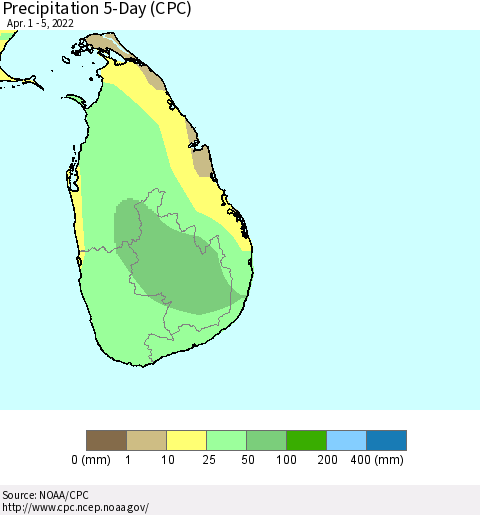 Sri Lanka Precipitation 5-Day (CPC) Thematic Map For 4/1/2022 - 4/5/2022