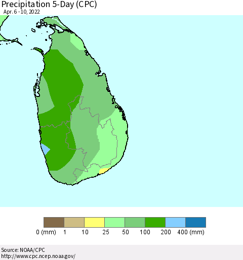 Sri Lanka Precipitation 5-Day (CPC) Thematic Map For 4/6/2022 - 4/10/2022
