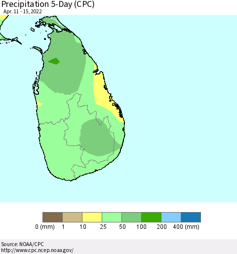 Sri Lanka Precipitation 5-Day (CPC) Thematic Map For 4/11/2022 - 4/15/2022