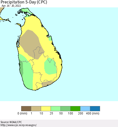 Sri Lanka Precipitation 5-Day (CPC) Thematic Map For 4/16/2022 - 4/20/2022