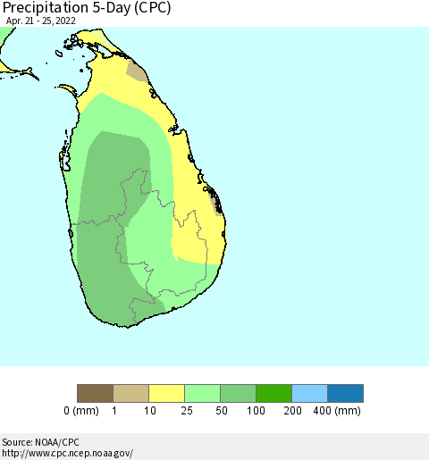 Sri Lanka Precipitation 5-Day (CPC) Thematic Map For 4/21/2022 - 4/25/2022