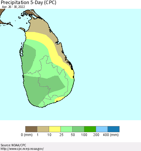 Sri Lanka Precipitation 5-Day (CPC) Thematic Map For 4/26/2022 - 4/30/2022