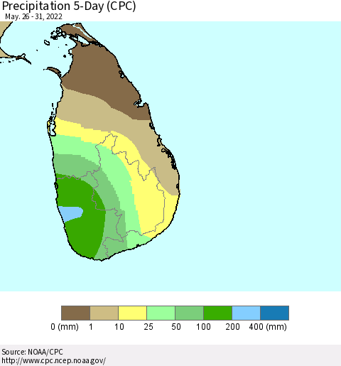 Sri Lanka Precipitation 5-Day (CPC) Thematic Map For 5/26/2022 - 5/31/2022