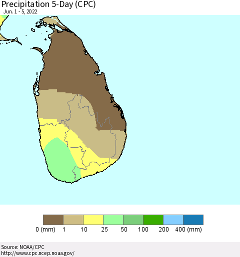 Sri Lanka Precipitation 5-Day (CPC) Thematic Map For 6/1/2022 - 6/5/2022