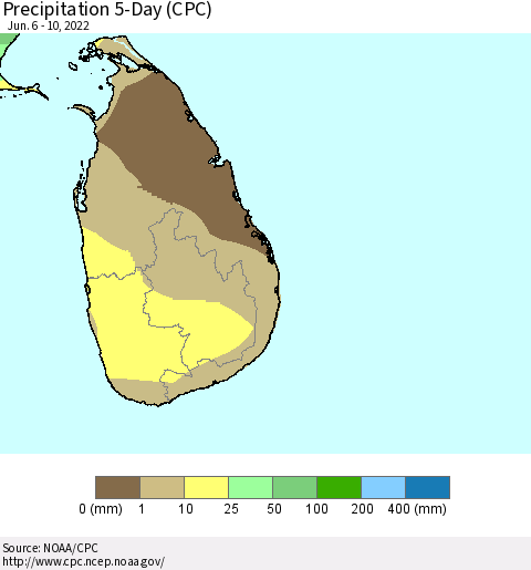 Sri Lanka Precipitation 5-Day (CPC) Thematic Map For 6/6/2022 - 6/10/2022