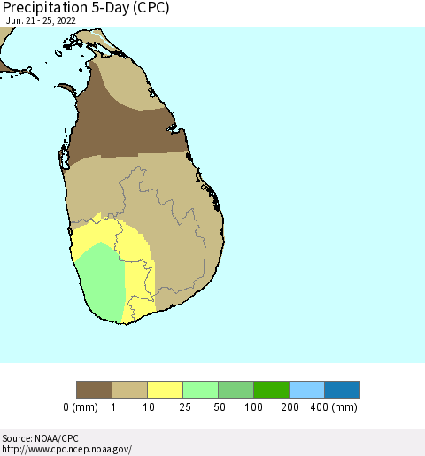 Sri Lanka Precipitation 5-Day (CPC) Thematic Map For 6/21/2022 - 6/25/2022