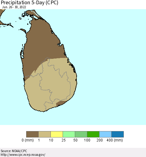Sri Lanka Precipitation 5-Day (CPC) Thematic Map For 6/26/2022 - 6/30/2022