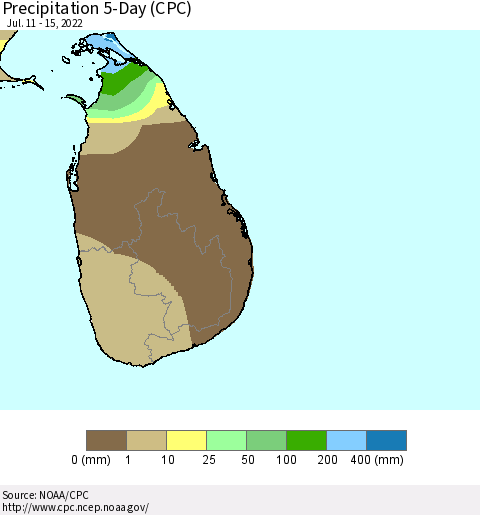 Sri Lanka Precipitation 5-Day (CPC) Thematic Map For 7/11/2022 - 7/15/2022