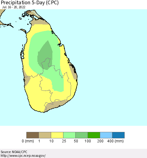 Sri Lanka Precipitation 5-Day (CPC) Thematic Map For 7/16/2022 - 7/20/2022