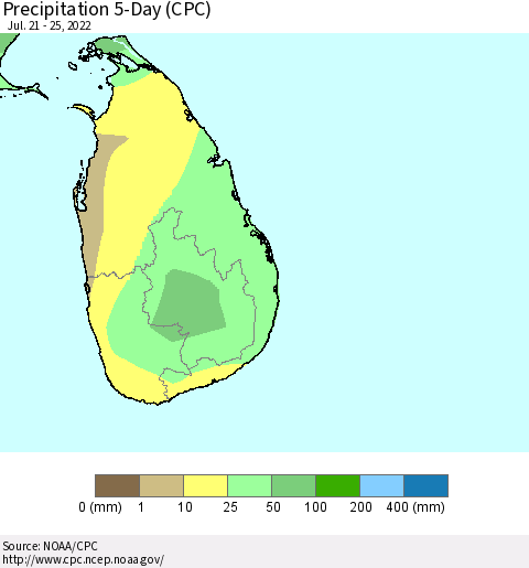 Sri Lanka Precipitation 5-Day (CPC) Thematic Map For 7/21/2022 - 7/25/2022