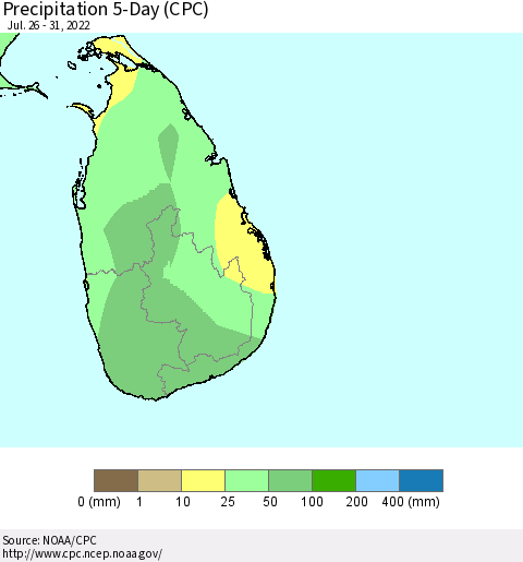 Sri Lanka Precipitation 5-Day (CPC) Thematic Map For 7/26/2022 - 7/31/2022