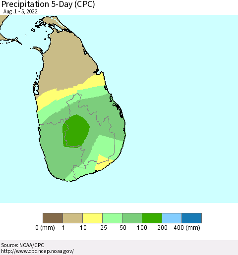Sri Lanka Precipitation 5-Day (CPC) Thematic Map For 8/1/2022 - 8/5/2022