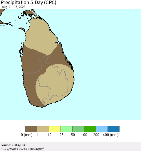 Sri Lanka Precipitation 5-Day (CPC) Thematic Map For 8/11/2022 - 8/15/2022