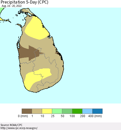Sri Lanka Precipitation 5-Day (CPC) Thematic Map For 8/16/2022 - 8/20/2022