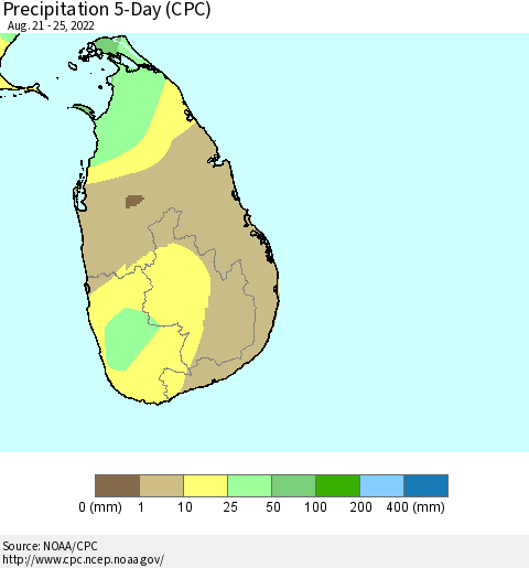 Sri Lanka Precipitation 5-Day (CPC) Thematic Map For 8/21/2022 - 8/25/2022