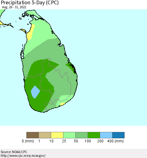 Sri Lanka Precipitation 5-Day (CPC) Thematic Map For 8/26/2022 - 8/31/2022
