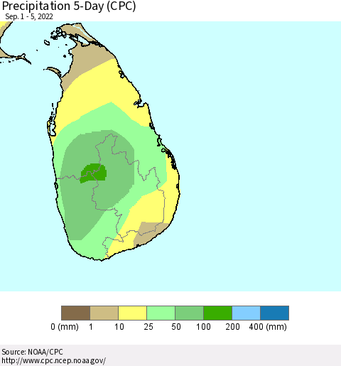 Sri Lanka Precipitation 5-Day (CPC) Thematic Map For 9/1/2022 - 9/5/2022