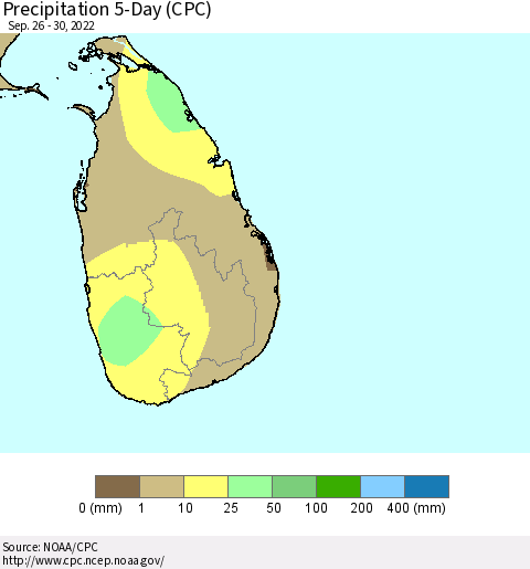 Sri Lanka Precipitation 5-Day (CPC) Thematic Map For 9/26/2022 - 9/30/2022