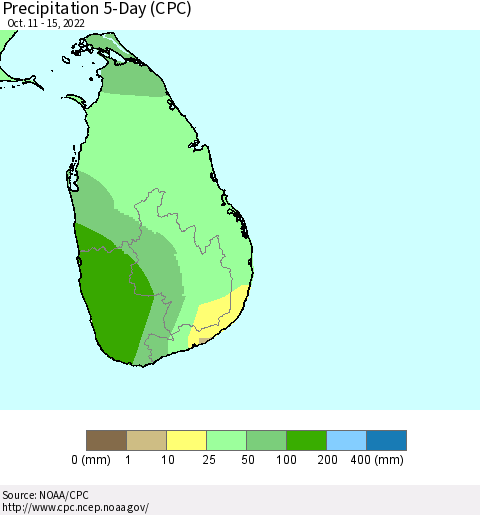 Sri Lanka Precipitation 5-Day (CPC) Thematic Map For 10/11/2022 - 10/15/2022