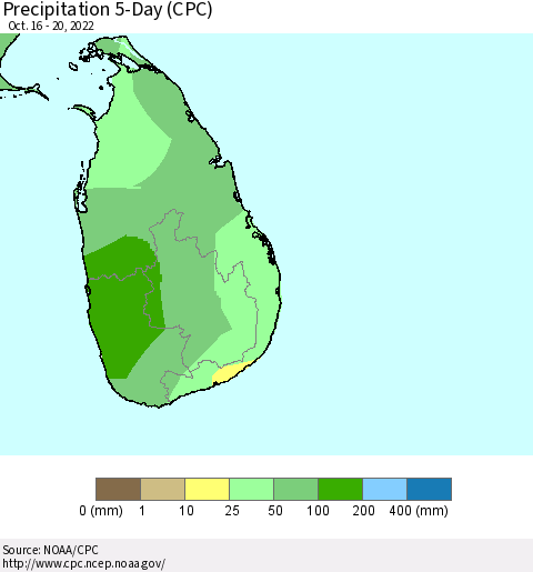Sri Lanka Precipitation 5-Day (CPC) Thematic Map For 10/16/2022 - 10/20/2022