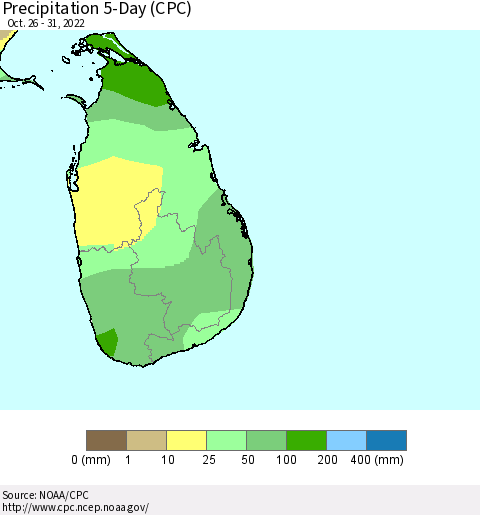 Sri Lanka Precipitation 5-Day (CPC) Thematic Map For 10/26/2022 - 10/31/2022