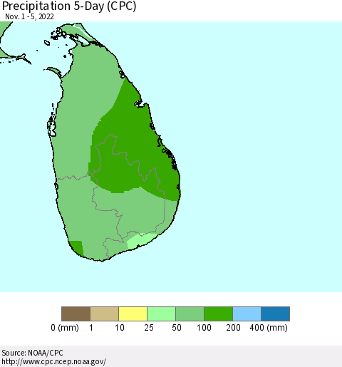 Sri Lanka Precipitation 5-Day (CPC) Thematic Map For 11/1/2022 - 11/5/2022