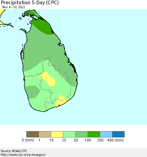 Sri Lanka Precipitation 5-Day (CPC) Thematic Map For 11/6/2022 - 11/10/2022