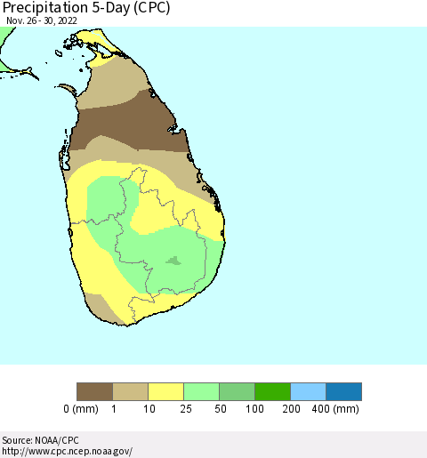 Sri Lanka Precipitation 5-Day (CPC) Thematic Map For 11/26/2022 - 11/30/2022