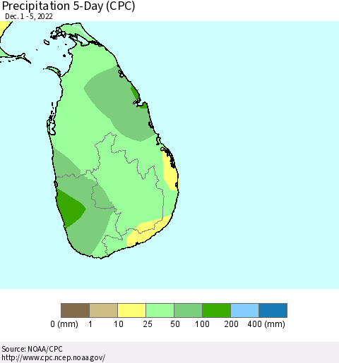 Sri Lanka Precipitation 5-Day (CPC) Thematic Map For 12/1/2022 - 12/5/2022
