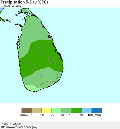 Sri Lanka Precipitation 5-Day (CPC) Thematic Map For 12/21/2022 - 12/25/2022