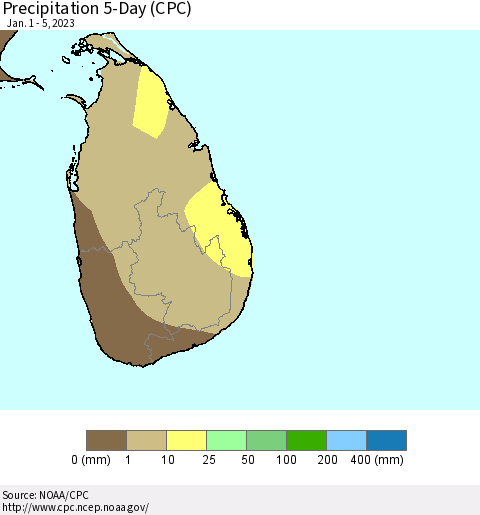 Sri Lanka Precipitation 5-Day (CPC) Thematic Map For 1/1/2023 - 1/5/2023