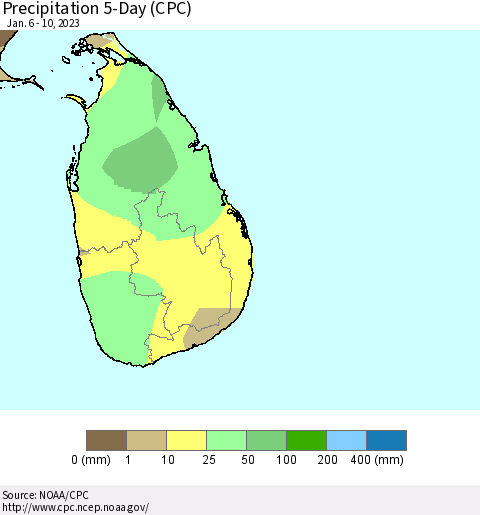 Sri Lanka Precipitation 5-Day (CPC) Thematic Map For 1/6/2023 - 1/10/2023