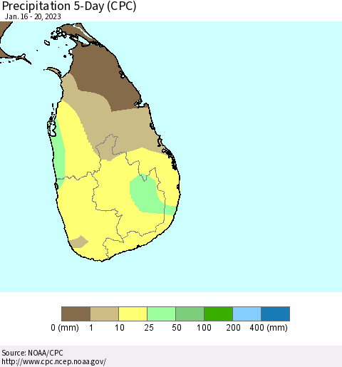 Sri Lanka Precipitation 5-Day (CPC) Thematic Map For 1/16/2023 - 1/20/2023
