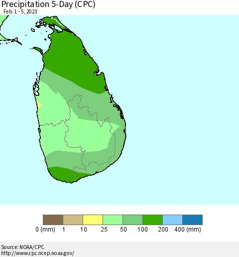 Sri Lanka Precipitation 5-Day (CPC) Thematic Map For 2/1/2023 - 2/5/2023