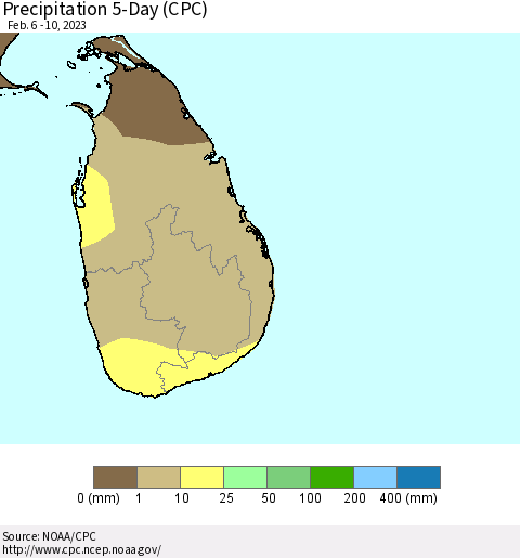 Sri Lanka Precipitation 5-Day (CPC) Thematic Map For 2/6/2023 - 2/10/2023
