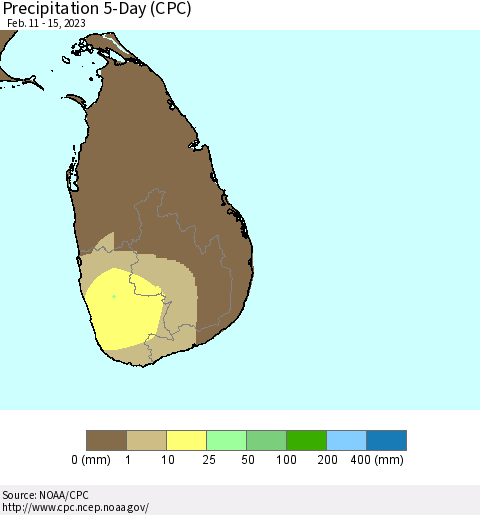 Sri Lanka Precipitation 5-Day (CPC) Thematic Map For 2/11/2023 - 2/15/2023