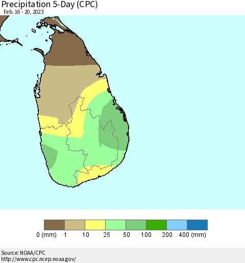 Sri Lanka Precipitation 5-Day (CPC) Thematic Map For 2/16/2023 - 2/20/2023
