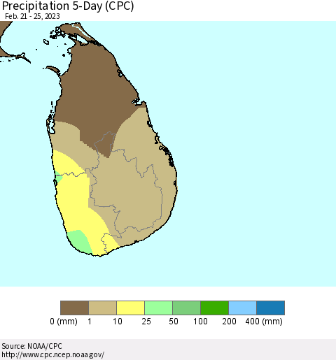 Sri Lanka Precipitation 5-Day (CPC) Thematic Map For 2/21/2023 - 2/25/2023