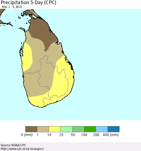 Sri Lanka Precipitation 5-Day (CPC) Thematic Map For 3/1/2023 - 3/5/2023