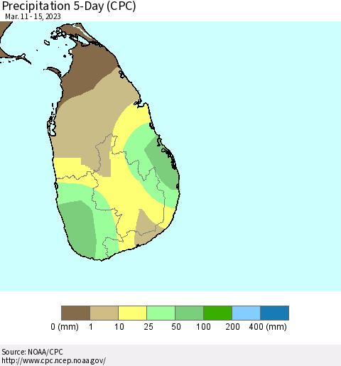 Sri Lanka Precipitation 5-Day (CPC) Thematic Map For 3/11/2023 - 3/15/2023