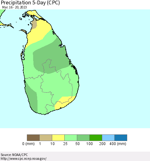 Sri Lanka Precipitation 5-Day (CPC) Thematic Map For 3/16/2023 - 3/20/2023