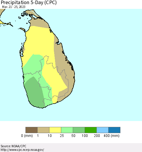 Sri Lanka Precipitation 5-Day (CPC) Thematic Map For 3/21/2023 - 3/25/2023