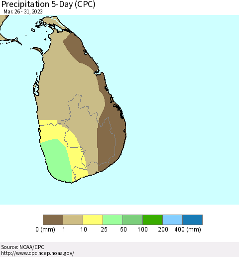 Sri Lanka Precipitation 5-Day (CPC) Thematic Map For 3/26/2023 - 3/31/2023