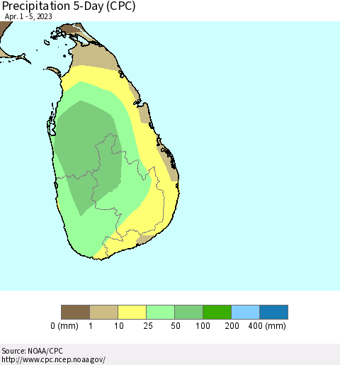 Sri Lanka Precipitation 5-Day (CPC) Thematic Map For 4/1/2023 - 4/5/2023