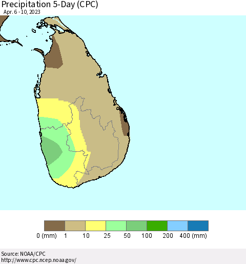 Sri Lanka Precipitation 5-Day (CPC) Thematic Map For 4/6/2023 - 4/10/2023