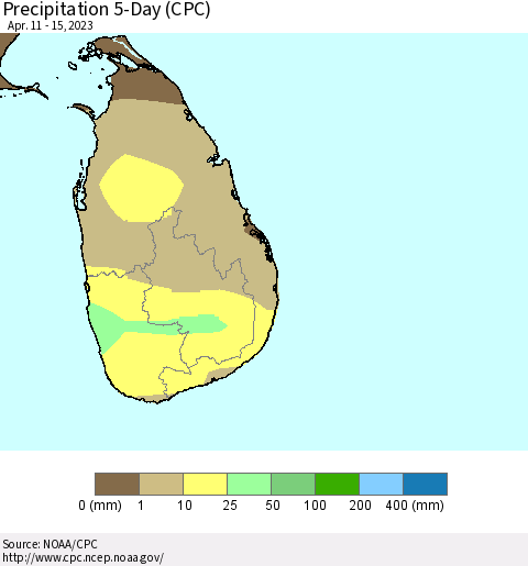 Sri Lanka Precipitation 5-Day (CPC) Thematic Map For 4/11/2023 - 4/15/2023